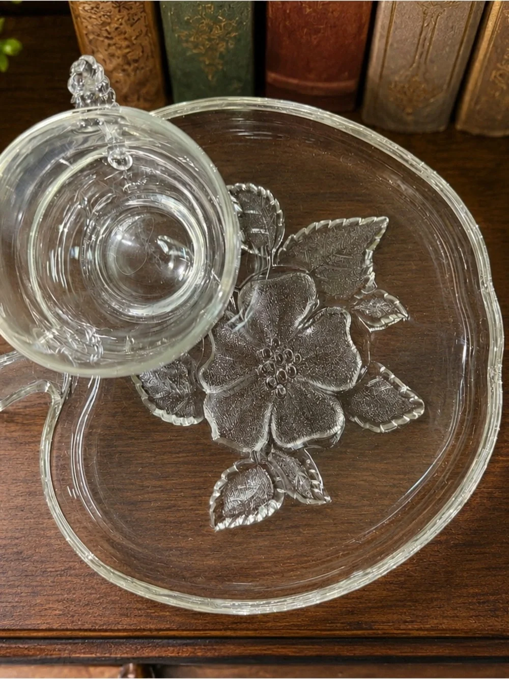 Vintage Hazel Atlas Wild Rose Clear Glass Snack Set Cup & Apple Plate 2 Pc